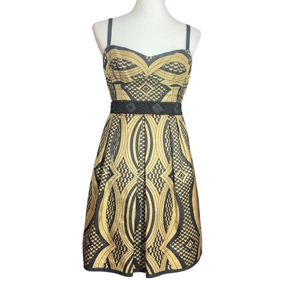 Nanette Lepore Black & Gold Beaded Linen Silk Indochine Dress Size 2 - Picture 4 of 15